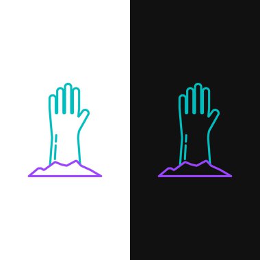 Green and purple line Zombie hand icon isolated on white and black background. Arm monster dead. Happy Halloween party.  Vector Illustration
