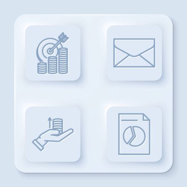 Set line Target with coin symbol, Envelope, Money on hand and Document with graph chart. White square button. Vector