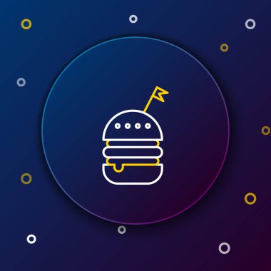 Beyaz ve sarı çizgi Burger simgesi koyu mavi arka plan üzerinde izole. Hamburger simgesi. Cheeseburger sandviç işareti. Fast food menüsü. Renkli anahat konsepti. Vektör İllüstrasyonu