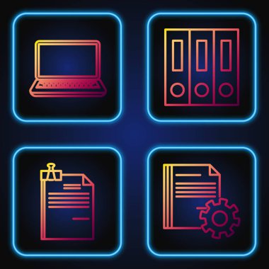 Dişliler, Dosya belgesi ve klasör klipsi, dizüstü bilgisayar ve belge içeren ofis dizinleri ayarlarını ayarla. Renk simgeleri. Vektör