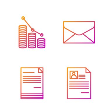 Set line Resume, Document, Pie chart infographic and coin and Envelope. Gradient color icons. Vector