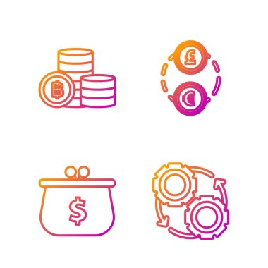 Hat Gear ve okları iş akışı konsepti olarak ayarla dolar sembollü cüzdan, kripto para birimi Bitcoin ve para değişimi. Renk simgeleri. Vektör