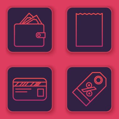 Sıraya dizilmiş cüzdan desteleri kağıt para, kredi kartı, kağıt alışveriş torbası ve yüzde indirim etiketi. Mavi kare düğme. Vektör