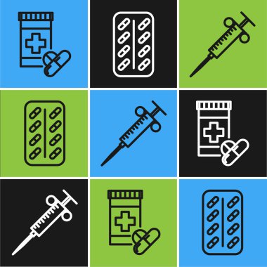 Set line Medicine bottle and pills, Syringe and Pills in blister pack icon. Vector
