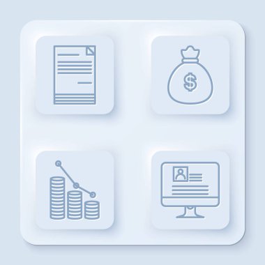 Set line Document, Money bag, Pie chart infographic and coin and Computer monitor with resume. White square button. Vector