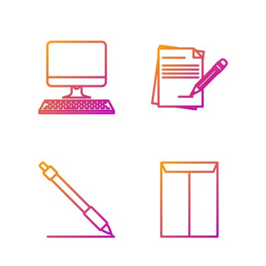 Satır Zarfı, Kalem Satırı, Klavye ile bilgisayar monitörü ve Silgi ile boş defter ve kalem ayarlayın. Renk simgeleri. Vektör