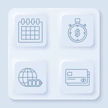 Takvimi ayarla, zaman paradır. Dünya küresi ve kredi kartıyla batarya şarj seviyesi göstergesi. Beyaz kare düğme. Vektör