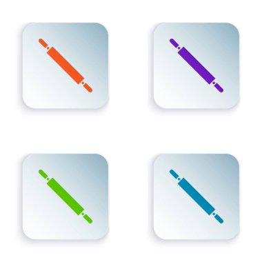 Beyaz arkaplanda renkli yuvarlanan pin simgesi izole edildi. Kare düğmelere simgeleri yerleştir. Vektör İllüstrasyonu