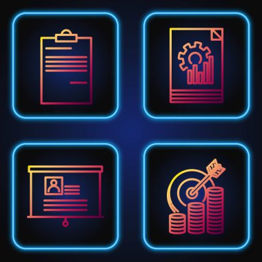 Set line Target with coin symbol, Board with resume, Document and Document with graph chart. Gradient color icons. Vector