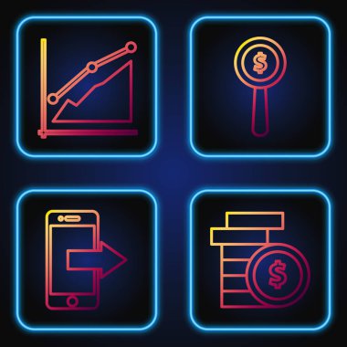 Dolar sembollü bozuk para, akıllı telefon, cep telefonu, pasta grafiği bilgisi ve büyüteç ve dolar sembolü. Renk simgeleri. Vektör