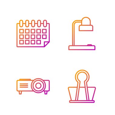 Set line Binder clip, Presentation, movie, film, media projector, Calendar and Table lamp. Gradient color icons. Vector