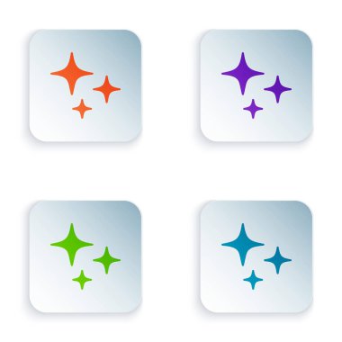 Beyaz arkaplanda izole edilmiş düşen renkli yıldız simgesi. Yıldız izi ile kayan yıldız. Göktaşı, göktaşı, kuyruklu yıldız, asteroid, yıldız ikonu. Kare düğmelere simgeleri yerleştir. Vektör İllüstrasyonu