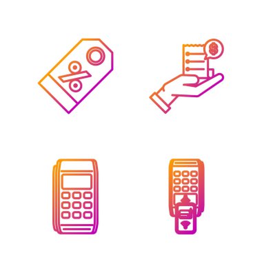 Satır Pos terminalini yazdırılmış alıcı ile ayarla ve ödemeyi akıllı telefon, Pos terminali, indirimli yüzde etiketi ve ödenmek üzere boş makbuzla veya fatura ile insan elini tutarak teyid et. Vektör