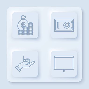 Set line Money bag and coin, Safe, Money on hand and Chalkboard. White square button. Vector