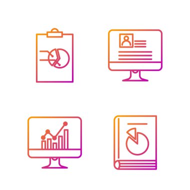 Set line User manual, Computer monitor with graph chart, Clipboard with graph chart and Computer monitor with resume. Gradient color icons. Vector