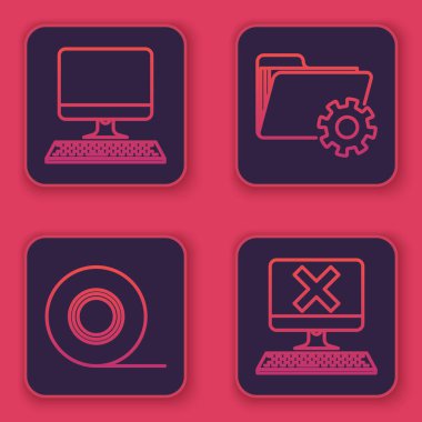 Satır bilgisayar monitörünü klavye, Scotch, Dizin ayarlarını dişliler ve klavye ve x işaretli bilgisayar ile ayarla. Mavi kare düğme. Vektör