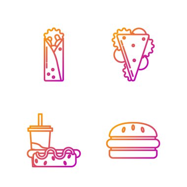 Çizgi Burger, kamış ve sosisli sandviçli kağıt bardak, Doner kebap ve sandviç. Renk simgeleri. Vektör