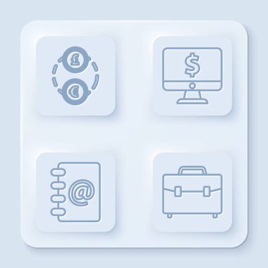 Set line Money exchange, Computer monitor with dollar symbol, Address book and Briefcase. White square button. Vector