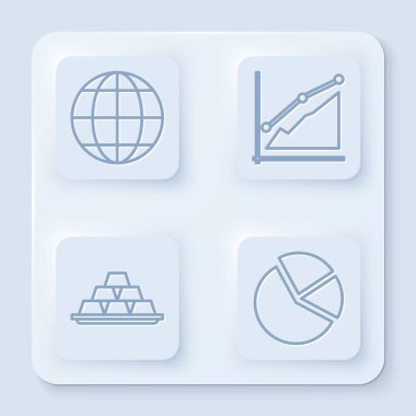 Dünya küresi, pasta grafiği, altın külçeleri ve pasta grafiği bilgisini ayarla. Beyaz kare düğme. Vektör