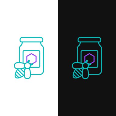 Beyaz ve siyah arkaplanda izole edilmiş yeşil ve mor renkli bal kavanozu. Bankada tatlı doğal yiyecekler. Bal arısı ya da kanat sembollü apis. Uçan böcek. Vektör İllüstrasyonu