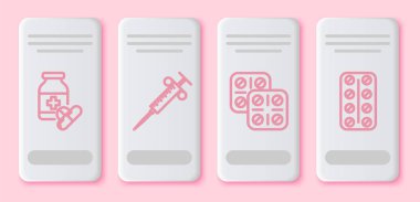 İlaç şişesini, hapları, şırıngayı su toplayan hapları ve su toplayan hapları hazırlayın. Beyaz dikdörtgen düğme. Vektör