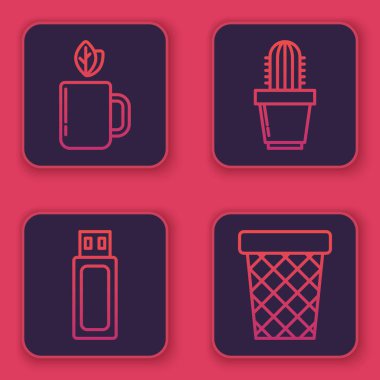 Set line Cup of tea and leaf, USB flash drive, Cactus and succulent in pot and Trash can. Blue square button. Vector