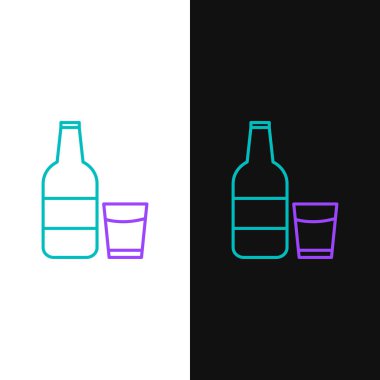 Green and purple line Closed glass bottle with milk and glass icon isolated on white and black background.  Vector Illustration