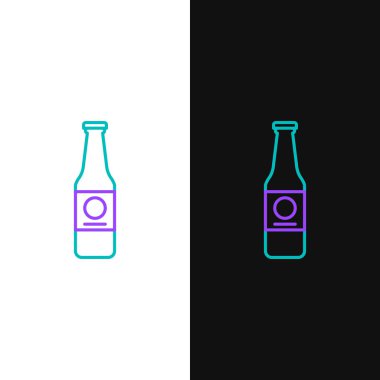 Green and purple line Beer bottle icon isolated on white and black background.  Vector Illustration
