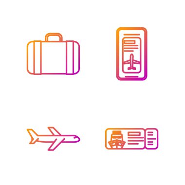 Gemi, uçak, seyahat için bavul ve elektronik uçuş kartı olan akıllı telefondan uçuş bileti ayarlayın. Renk simgeleri. Vektör