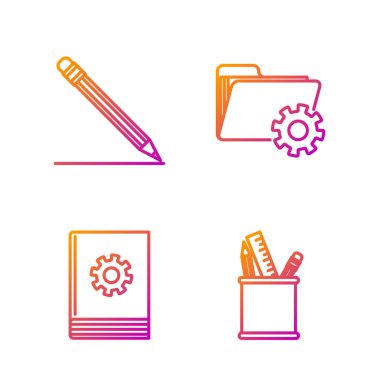 Satır satırı kalem kutusu kırtasiyesi, Kullanıcı kılavuzu, silgi, satır ve vitesli Dizin ayarları ile kalem. Renk simgeleri. Vektör