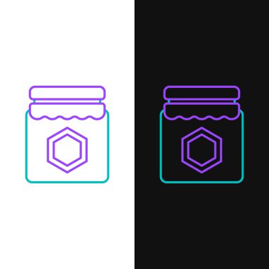 Beyaz ve siyah arkaplanda izole edilmiş yeşil ve mor renkli bal ikonu. Yiyecek bankası. Tatlı doğal gıda sembolü. Vektör İllüstrasyonu