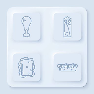 Tavuk budu, Doner kebabı, Sandviç ve hardallı Hotdog sandviçi. Beyaz kare düğme. Vektör