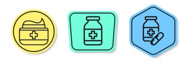 Set line Ointment cream tube medicine, Medicine bottle and Medicine bottle and pills. Colored shapes. Vector