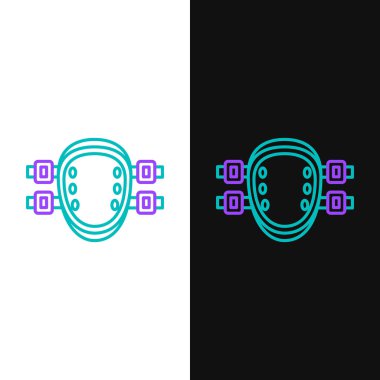 Green and purple line Knee pads icon isolated on white and black background. Extreme sport. Sport equipment. Skateboarding, bicycle, roller skating protective gear.  Vector Illustration