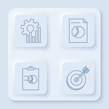 Set line Pie chart infographic, Document with graph chart, Clipboard with graph chart and Target. White square button. Vector