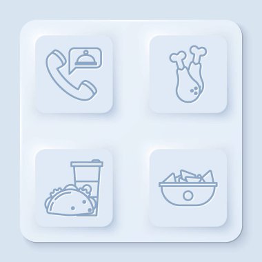 Yemek siparişi ver, tavuk budu, kağıt bardak ve tako yanında tortilla ve nachos. Beyaz kare düğme. Vektör