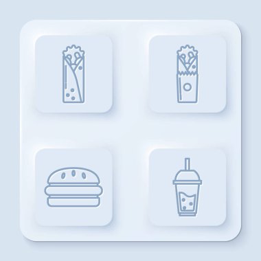 Doner kebabı, Doner kebabı, Burger ve bir bardak limonata ve pipet. Beyaz kare düğme. Vektör