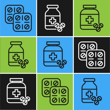 Set line Pills in blister pack, Medicine bottle and pills and Medicine bottle and pills icon. Vector
