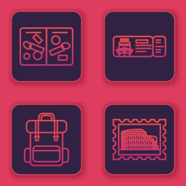 Vize pullu satır pasaport sayfaları, yürüyüş sırt çantası, gemi, posta pulu ve Stadyum ile seyahat için gemi bileti. Mavi kare düğme. Vektör