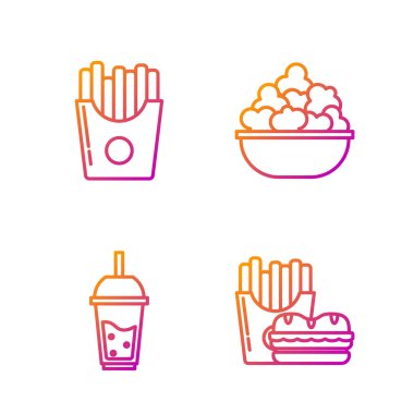 Çizgi Burger ve patates kızartması karton paket kutusunda, bir bardak limonata ve saman içerken patates kızartması kutuda ve kasede patlamış mısır. Renk simgeleri. Vektör