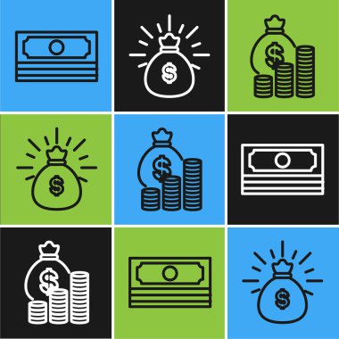 Set line Stacks paper money cash, Money bag and coin and Money bag icon. Vector