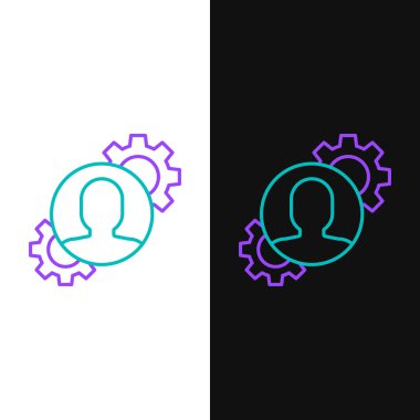 Green and purple line Human with gear inside icon isolated on white and black background. Artificial intelligence. Thinking brain sign. Symbol work of brain.  Vector Illustration