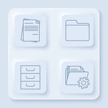 Set line File document, Document folder, Drawer with documents and Folder settings with gears. White square button. Vector