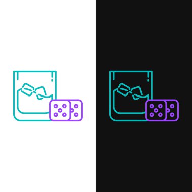 Green and purple line Game dice and glass of whiskey with ice cubes icon isolated on white and black background. Casino gambling.  Vector Illustration