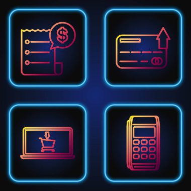 Set line Pos terminal, Shopping cart on screen laptop, Paper check and financial check and Credit card. Gradient color icons. Vector