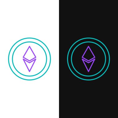 Yeşil ve mor çizgili Kripto para birimi Ethereum Eth simgesi beyaz ve siyah arkaplanda izole edilmiş. Altcoin sembolü. Engelleme zinciri tabanlı şifreli para birimi. Vektör İllüstrasyonu