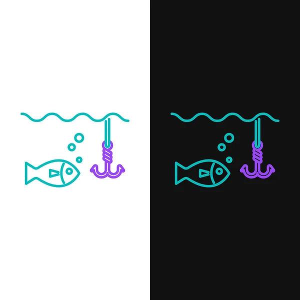 Зеленая Фиолетовая Линия Рыболовный Крючок Водой Изображением Рыбы Изолированы Белом — стоковый вектор