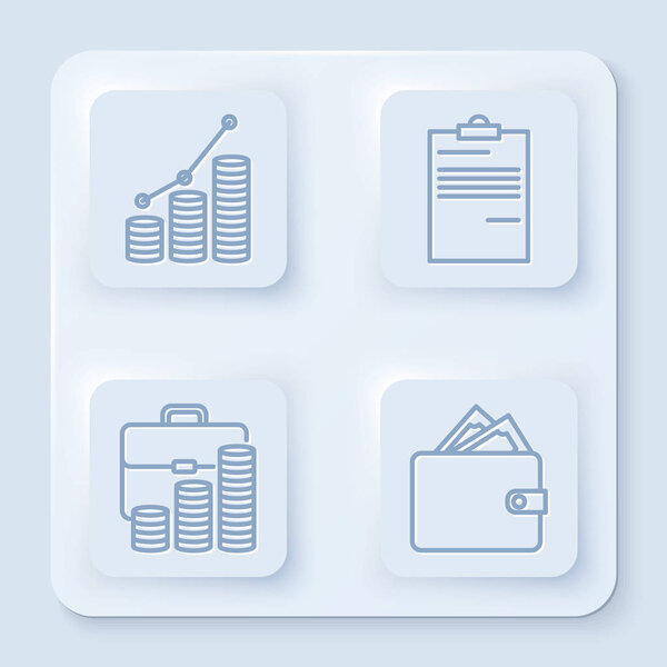 Установить линию Pie диаграммы инфографики и монет, документ, портфель и монеты и кошелек с пачками бумажных денег. Белая квадратная кнопка Вектор
