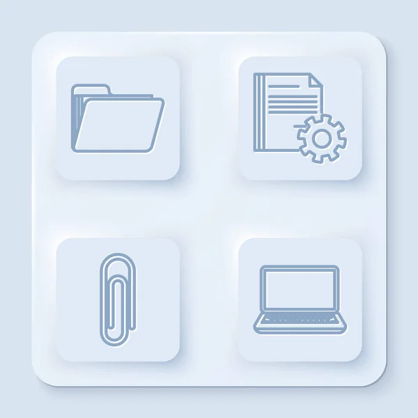 Set line Document folder, Document settings with gears, Paper clip and Laptop. White square button. Vector