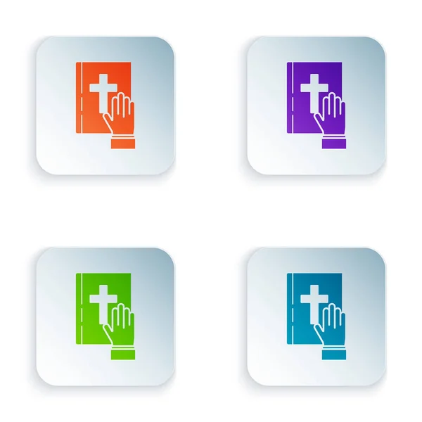 Color Oath on the Holy Bible icon isolated on white background. The procedure in court. Truth and truth. Promise before god. Set icons in square buttons. Vector Illustration — Stock Vector